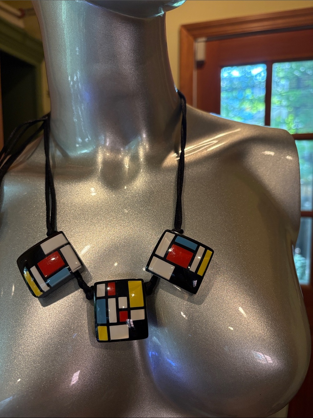 Geometric Colorblock Statement Necklace - Black with Red, Yellow,